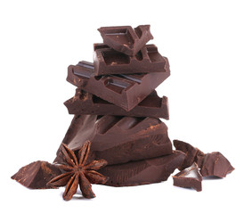 Cracked chocolate bar isolated on white