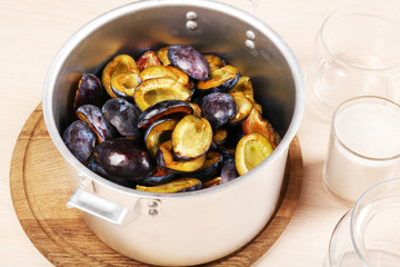 Cooking delicious drain jam in kitchen