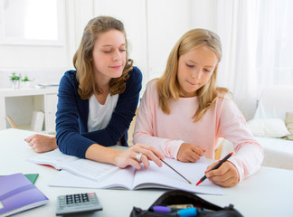 Woman helping out her little sister for homework