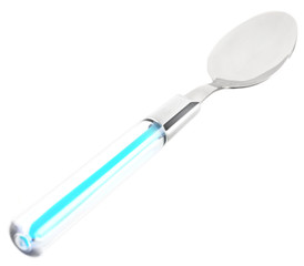 Metal spoon with blue handle isolated on white