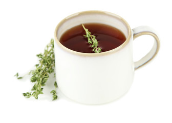 Cup of tasty herbal tea with thyme, isolated on white