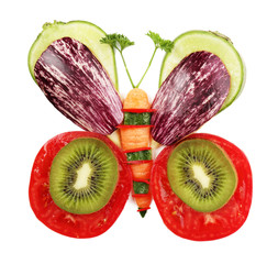 Healthy eating. Butterfly made of vegetables and fruits,