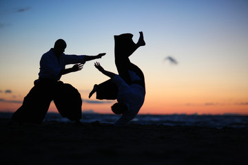 Practicing aikido technique, silhouettes of masters - obrazy, fototapety, plakaty