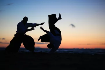 Foto op Plexiglas Practicing aikido technique, silhouettes of masters © Anna Jurkovska