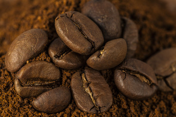 Closeup of coffee beans at roasted coffee heap