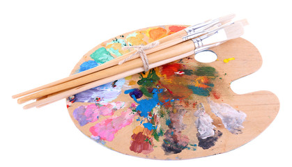 Obraz premium Paint brushes and palette isolated on white