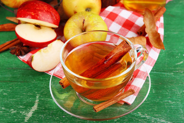 Composition of  apple cider with cinnamon sticks, fresh apples