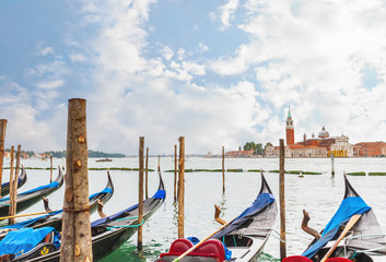 Fototapeta na wymiar View of the Gondolas moored by Saint Mark square. Venezia, Italy
