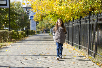 Little girl walking on autumn street