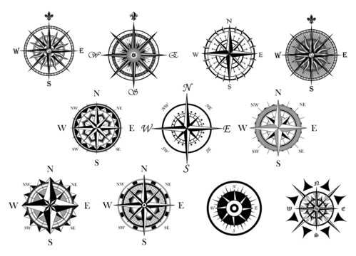Nautical wind rose and compass icons set