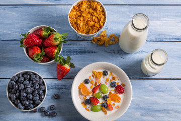 Preparations for breakfast corn flakes and fruits