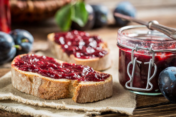 Closeup of sandwich with fresh plum jam