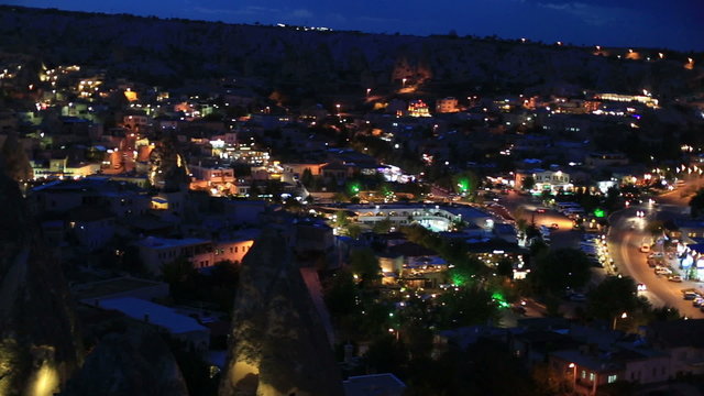 Night view of the village Goreme in Cappadocia,Pan shot