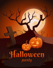Halloween illustration with full moon and tomb