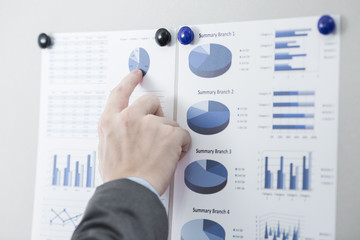 Businessman pointing to flip board with chart in office