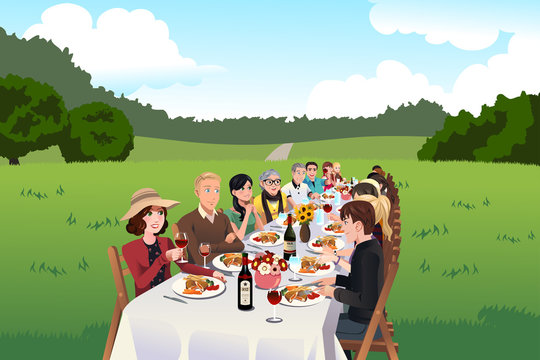 People eating in a farm table