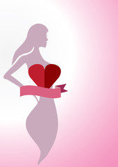 Fototapeta na wymiar Sexy Woman Silhouette with Heart and Ribbon Isolated on Pink Bac