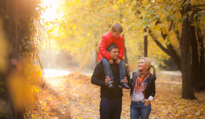 Fototapeta premium happy family walking in autumn park. 