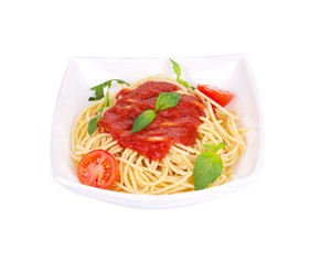 Pasta with tomato sauce and basil.