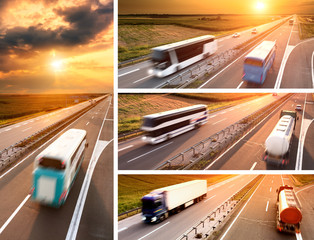 Truck and bus on highway at sunset - banner