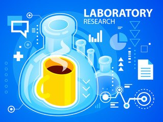 Vector bright illustration laboratory research of coffee on blue