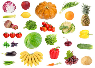 Collage of fresh fruit and vegetables isolated on white