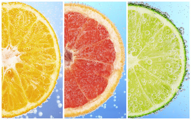 Collage of fruit in water with bubbles on blue background © Africa Studio