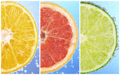 Collage of fruit in water with bubbles on blue background