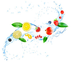 Fresh fruit, berries and green leaves with water splash,