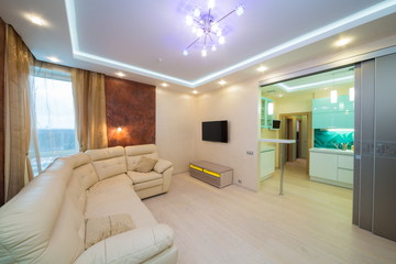 modern living room with sofa and TV overlooking the kitchen