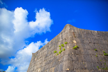 Fototapeta na wymiar Smooth curve rampart of Shuri Castle and blue sky