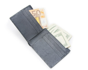 Leather wallet with money isolated on white background