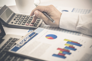 Businessman analyzing investment charts with laptop. Accounting