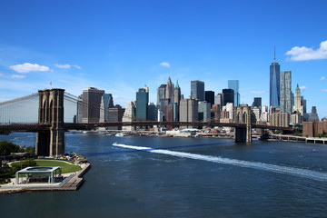 Aerial view of New York City Downtown with Brooklyn Bridge