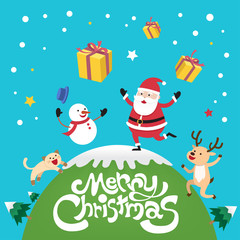 Merry Christmas with Santa Claus, reindeer cat and snowman