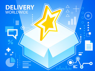 Vector bright illustration delivery box and star on blue backgro