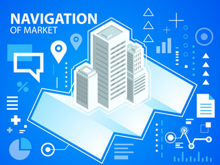 Vector bright illustration navigation map and buildings on blue