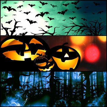 halloween horizontal symbols - pumpkin bats forest background