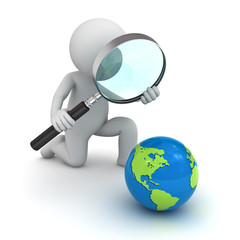 3d man holding magnifying glass and looking at blue globe map