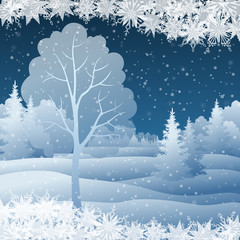 Winter Christmas landscape with tree