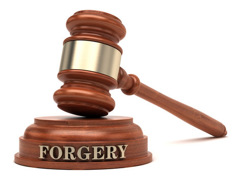 Forgery text on sound block & gavel