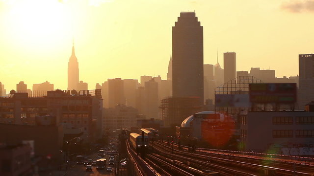 Subway Train in New York at Sunset
