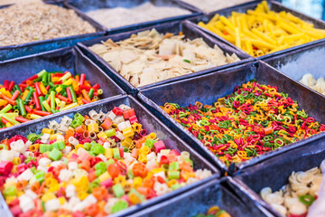 colorful food macaroni pasta background in India market