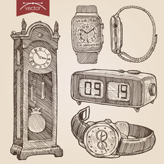 Engraving style hatching vector lineart clocks and watches set
