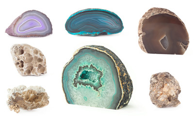 set of decorative geode rocks isolated on white - obrazy, fototapety, plakaty