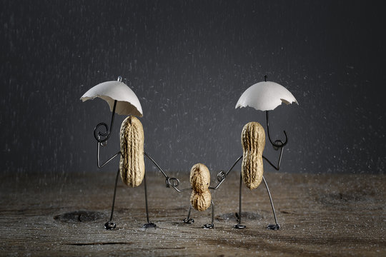 Three peanuts building family with one child in the rain made of salt grains