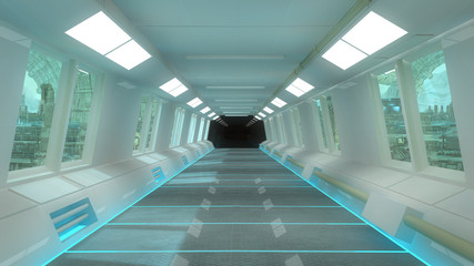 Futuristic corridor interior and city background