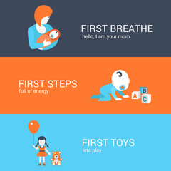 Family parenting first steps concept flat icons set mother baby