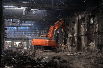 Industrial interior with bulldozer inside