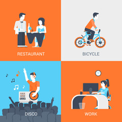 Lifestyle concept flat icons set people leisure restaurant disco